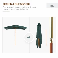 Outsunny Ombrellone 2x3 m da Giardino in Legno Laccato e Bambù con Copertura Rimovibile, Verde Scuro(m-4)
