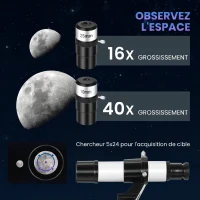 Outsunny Télescope Astronomique pour Adultes et Débutants 70 mm, 2 Oculaire 40X/16X, Trépied Réglable, 80 x 80 x 135 cm, Blanc(m-5)