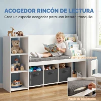 AIYAPLAY Estantería Infantil Juguetes con Rincón de Lectura Cojín 3 Cajones de Tela 3 Estantes 4 Cubículos 137x40x80 cm Blanco(m-5)