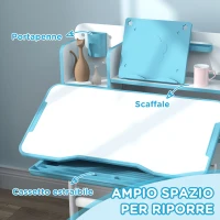 AIYAPLAY Set Scrivania e Sedia per Bambini Regolabili, Banco Scuola con Piano Inclinabile, Cassetto, Scaffale, Blu(m-5)
