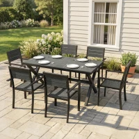 Outsunny Ensemble de Salle à Manger Extérieur 7 Pièces pour 6 Personnes, Table et Chaises Empilables avec Lattes Effet Bois, Cadre en Aluminium, Gris(m-11)