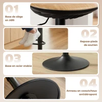 HOMCOM Lot de 2 tabourets de bar, chaises de bar réglables en hauteur avec repose-pieds, pivotant 360°, base en acier, chêne(m-8)