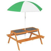Outsunny Kids Picnic Table with Benches, Wooden Sand and Water Table, Adjustable Parasol, Storage Bins, for Kids 3-6 Years, Brown(m-1)