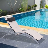 Outsunny Sonnenliege mit Auflage und Nackenkissen, Gartenliege, verstellbare Rückenlehne, Creme + Silber(m-9)