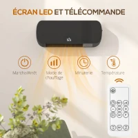 HOMCOM Radiateur Mural Soufflant 2000 W, Chauffage Céramique PTC, 3 Niveaux de Puissance, Télécommande, 45x18,6x11,5cm, Noir(m-5)
