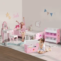 ZONEKIZ 5PCs Kids Bedroom Furniture Set with Bed, Toy Box Bench, Storage Unit, Dressing Table and Stool, Princess Themed, for 3-6 Years Old, Pink(m-2)