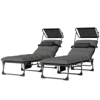 Outsunny Lot de 2 transats pliants avec pare-soleil, chaises longues inclinables avec coussin, poche latérale et poignée de transport, gris foncé(m-13)