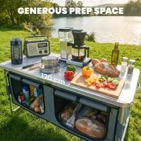 Outsunny 4ft Folding Camping Cupboard Kitchen, Height Adjustable Aluminium Camping Table with Storage, Lightweight Picnic Table for Outdoor Garden BBQ Party(m-5)
