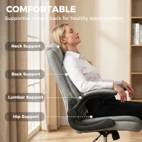 HOMCOM Linen-Look Computer Desk Chair, Executive Office Chair with Flip-Up Armrests and Thick Cushion, Grey(m-4)