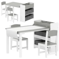AIYAPLAY Set Tavolo e Sedie per Bambini con 2 Sedie e Tavolino Contenitore, in Legno e Tessuto non Tessuto, Grigio e Bianco(m-1)