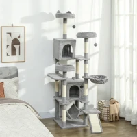 PawHut Arbre à chat tour de jeux pour chat 8 poteaux à griffer 4 plateformes 2 niches  échelle et 3 boules hauteur 192 cm gris(m-2)