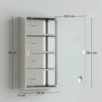 HOMCOM Medizinschrank Arzneischrank aus Edelstahl, Abschließbar Medikamentenschrank mit 4 Fächern, Glastür Apothekerschrank zur Medikamenten-Aufbewahrung, 30 x 12 x 60 cm(m-3)