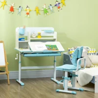 HOMCOM Conjunto de Secretária e Cadeira para Crianças com Altura Ajustável Gaveta Prateleiras e Bancada Inclinável 80x52x88-109 cm Azul e Branco(m-10)