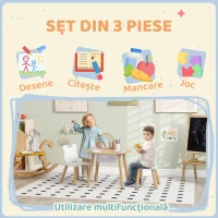 Set AIYAPLAY cu Măsuță și 2 Scaune pentru Copii cu Spătar în Formă de Ursuleț, Masă cu Spațiu de Depozitare, Alb și Lemn(m-6)