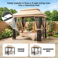 Outsunny 3 Seater Swing Chair 3-in-1 Convertible Garden Swing Seat Bed Gazebo Patio Bench Outdoor with Double Tier Canopy, Cushioned Seat, Mesh Sidewalls, Beige(m-4)