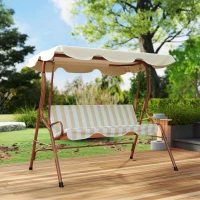 Outsunny Balancelle de Jardin 3 Places Toit imperméabilisé Inclinaison réglable Coussins Assise Dossier marron, crème rayé(m-8)