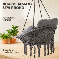 Outsunny Chaise suspendue avec grand coussin rembourré hamac fauteuil suspendu à franges kit de suspension 80 x 60 x 40 cm gris foncé(m-5)