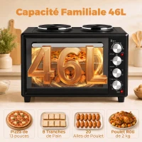 HOMCOM Mini-Four avec 2 Plaques de Cuisson et Broche Rotative 46L 2850 W, Four à Convection Multifonction, Minuterie, Noir(m-5)