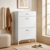 HOMCOM Moderne schoenenkast voor maximaal 12 paar schoenen, met 2 kleppen, lade en verstelbare plank, wit(m-5)