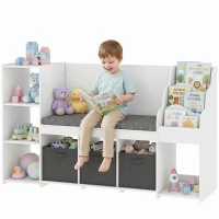 AIYAPLAY Estantería Infantil Juguetes con Rincón de Lectura Cojín 3 Cajones de Tela 3 Estantes 4 Cubículos 137x40x80 cm Blanco(m-11)