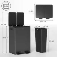 HOMCOM 2 x 28 L Doppelmülleimer, Pedalöffnung, leicht zu reinigen, Edelstahl, Kunststoff, Schwarz(m-3)