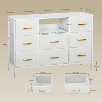 HOMCOM Commode 8 tiroirs en tissu bouclette, meuble de rangement avec 2 prises de courant, structure en acier 110x30x76cm crème(m-3)