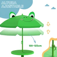 Outsunny Set de Mesa y Sillas Infantil de Jardín Conjunto de Picnic Plegable para Niños Juego de Mesa con Sombrilla Ajustable en Altura de 100-125 cm Diseño de Rana Verde(m-6)