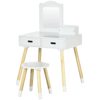 ZONEKIZ Toucador Infantil de Madeira com Banco Espelho e 2 Gavetas Brinquedo Educativo para Crianças de 3-6 Anos 60x40x95cm Branco(m-12)