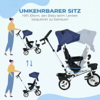 HOMCOM Triciclu Pătuț pentru Copii cu Mâner, Parasolar Reglabil și Centură de Siguranță, Albastru Închis(m-16)
