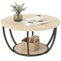 HOMCOM Mesa de Centro Mesa de Café Redonda para Salón con Estante de Almacenaje y Marco de Metal 80x80x43,8 cm Roble(m-11)