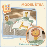AIYAPLAY Set Mobilier Cameră Copii cu Masă și 2 Scaune pentru Copii de 3-8 Ani cu Model Animale, Verde(m-5)