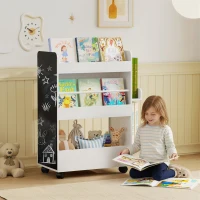 AIYAPLAY Bibliothèque pour enfant avec roulettes, rangement livre enfant de 3 à 8 ans avec tableau noir, 66,5x32,5x86,5cm, blanc(m-2)