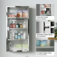 HOMCOM Medizinschrank Arzneischrank aus Edelstahl, Abschließbar Medikamentenschrank mit 4 Fächern, Glastür Apothekerschrank zur Medikamenten-Aufbewahrung, 30 x 12 x 60 cm(m-6)