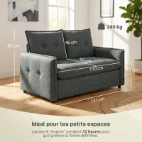 HOMCOM Canapé 2 places, canapé de salon moderne 131 cm avec assise rembourrée, coussins à ressorts, tissu en lin, gris foncé(m-3)