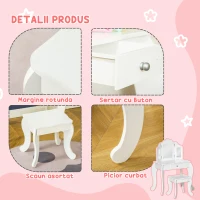 HOMCOM Masă de Toaletă pentru Copii cu Scaun și Oglindă Triplă, din Lemn și Acrilic, 63x40x85,5 cm, Albă(m-5)
