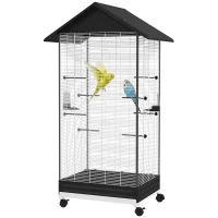 PawHut Jaula para Pájaros con Ruedas Pajarera Metálica con Bandeja Extraíble Puertas 79x65x155 cm Negro(m-11)