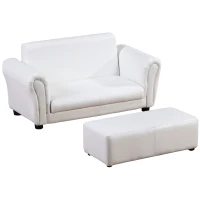 HOMCOM Kids Sofa Bed Kids Twin Sofa Toddler Chair 2 Seater Kids Twin Sofa Chair Boys Girls Couch w/ Footstool (White)(m-1)