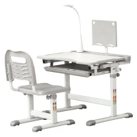 HOMCOM Juego de Escritorio y Silla para Niños de +6 Años Ajustable con Mesa Inclinable Lámpara Cajón y Estante para Libros Gris(m-11)
