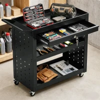 HOMCOM Tool Cart with Lockable Wheels, Rolling Workshop Cart with 3-Tier Trays, Drawer, Pegboards, Black(m-8)