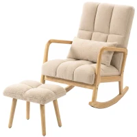 HOMCOM Fotoliu balansoar cu ottoman, rocking chair din țesătură bouclette, picioare din lemn, 64,5 x 82 x 89 cm, Bej(m-7)