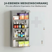 HOMCOM Medizinschrank Arzneischrank aus Edelstahl, Abschließbar Medikamentenschrank mit 4 Fächern, Glastür Apothekerschrank zur Medikamenten-Aufbewahrung, 30 x 12 x 60 cm(m-7)