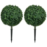 HOMCOM Artificial Boxwood Trees w/ Ground Stake, Set of 2 Ball Shaped Topiary Trees for Home Office & Living Room, UV Resistant(m-1)