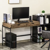 HOMCOM Bureau Style Industriel dim. 110L x 55l x 75H cm tiroir + 2 tiroirs piètement métal Noir Plateau MDF pour étude, Aspect Bois(m-8)