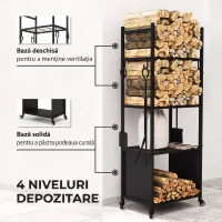 Outsunny Suport pentru Lemne de Foc de Interior și Exterior cu Roți și 4 Ustensile, cu Lopățică, Vătrai, Perie și Clește, Metal, 45 x 30 x 118 cm, Negru(m-4)