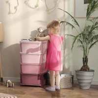 HOMCOM Organisateur de jouets pour enfants avec 4 tiroirs à 4 niveaux, boîtes de rangement en plastique, 37 x 37 x 76 cm, rose(m-2)