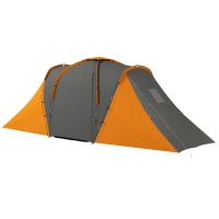Outsunny Tunnelzelt, 2000mm Wasserabweisend Campingzelt für 4 Personen, mit 2 Schlafzimmern Wohnbereich Tragetasche Grau+Orange(m-11)