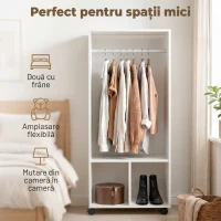 HOMCOM Suport Mobil pentru Haine cu Bară din Aluminiu și 2 Rafturi Deschise, Fabricat din PAL, 60x40x128 cm, Alb(m-6)