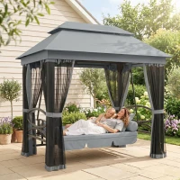 Outsunny 3 Seater Swing Chair 3-in-1 Convertible Garden Swing Seat Bed Gazebo Patio Bench Outdoor with Double Tier Canopy, Cushioned Seat, Mesh Sidewalls, Grey(m-9)