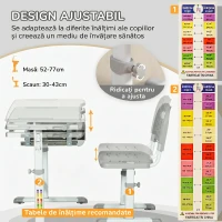 HOMCOM Birou de școală pentru copii de 6-12 ani cu scaun reglabil pe înălțime, blat înclinabil, 66x47x52-77 cm, Gri(m-6)