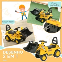 HOMCOM Carro Andador para Crianças Escavadora para Crianças com Pá Dianteira Buzina Volante e Compartimento Oculto 80x26,5x39 cm Amarelo(m-4)